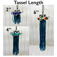 Load image into Gallery viewer, Cow Print Cowboy Hat with Tassel/Fringe Car Rearview Mirror Hanger