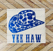 Load image into Gallery viewer, Yee Haw Cow Print Cowboy Hat Decal
