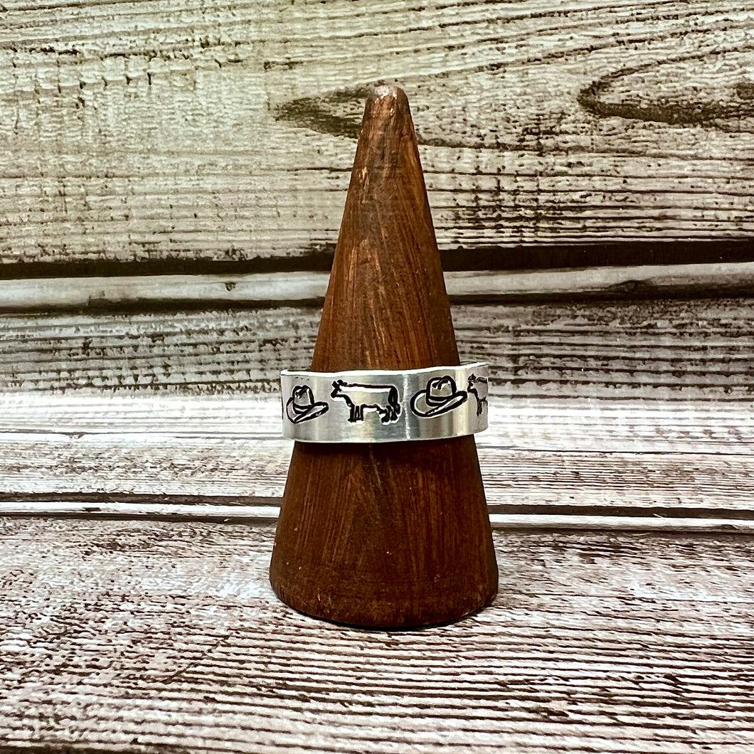 Cowboy Hat -Cow Adjustable Metal Stamped Ring | Western Rings | Metal Stamped Ring | Western Metal Stamped Ring | Stamped Ring