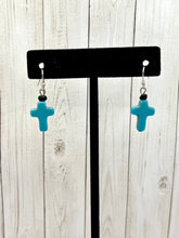 Load image into Gallery viewer, Turquoise Cross with Bead Dangle Earrings |Nickel Free|
