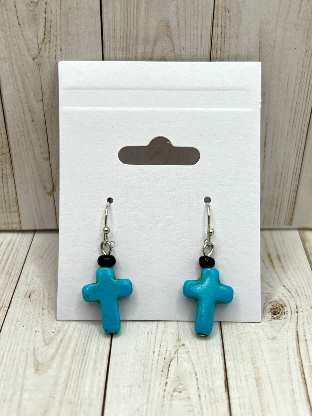 Turquoise Cross with Bead Dangle Earrings |Nickel Free|